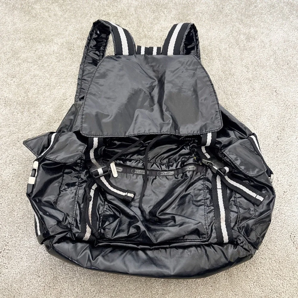 LeSportsac Voyager Black Patent‎ Drawstring Backpack Bag Large Travel